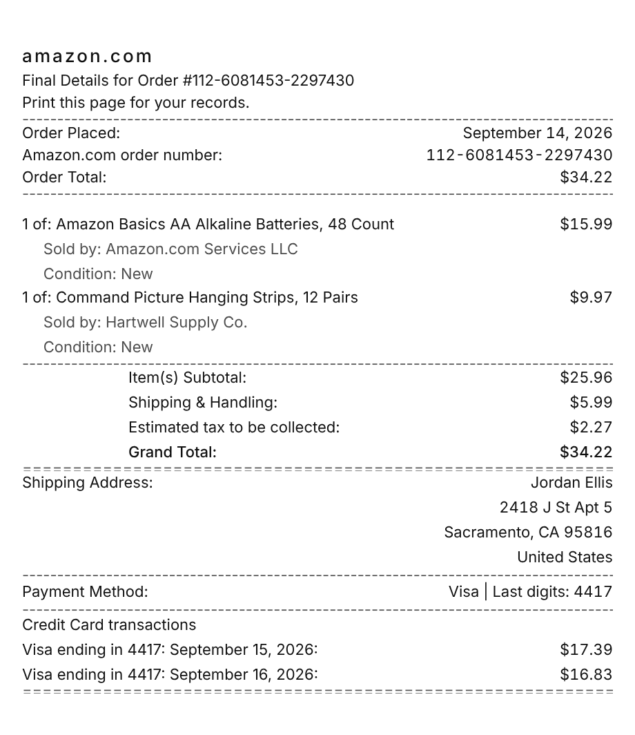 Amazon receipt example showing online marketplace and retailer line items, tax, total, and payment
