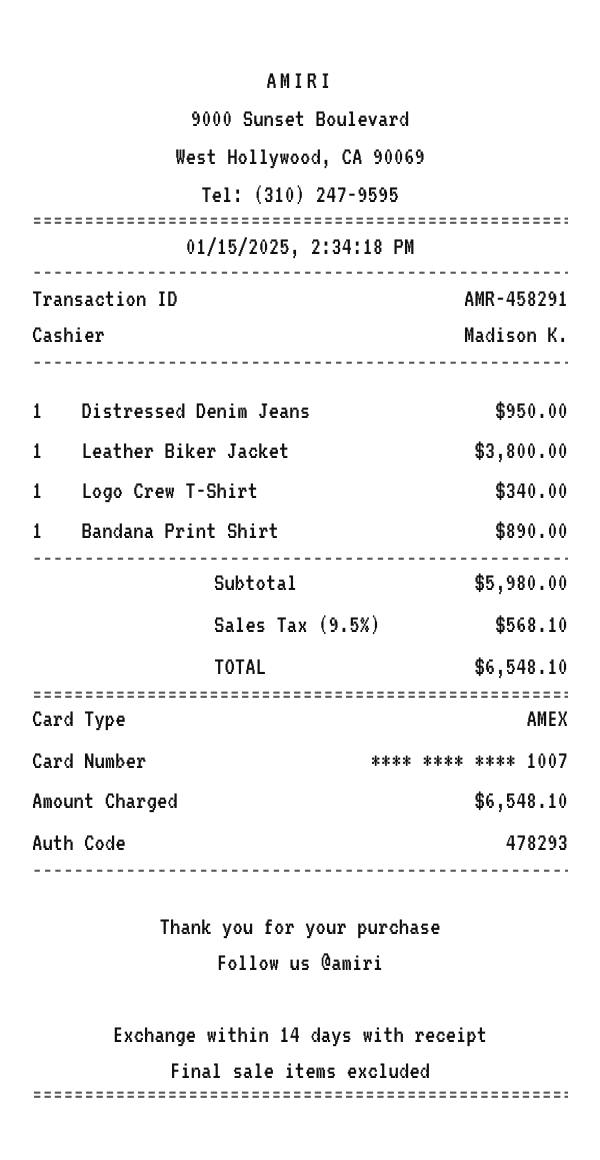 AMIRI receipt example showing luxury streetwear boutique line items, tax, total, and payment