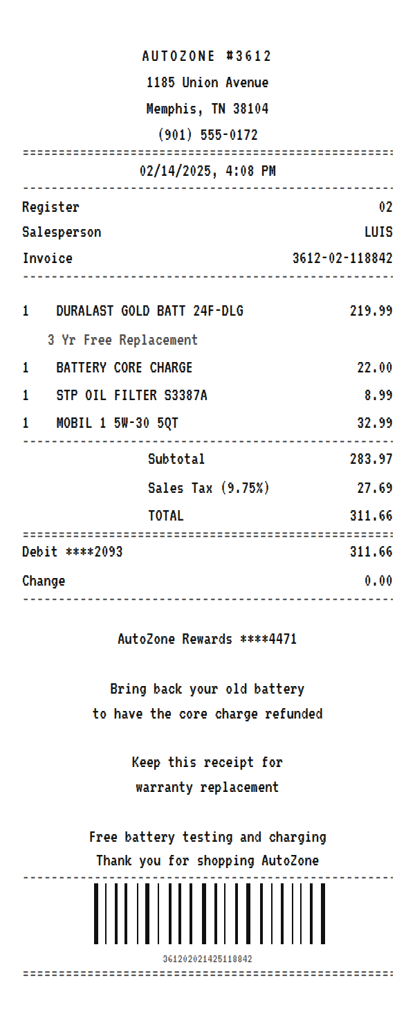 AutoZone receipt example showing auto parts store line items, tax, total, and payment