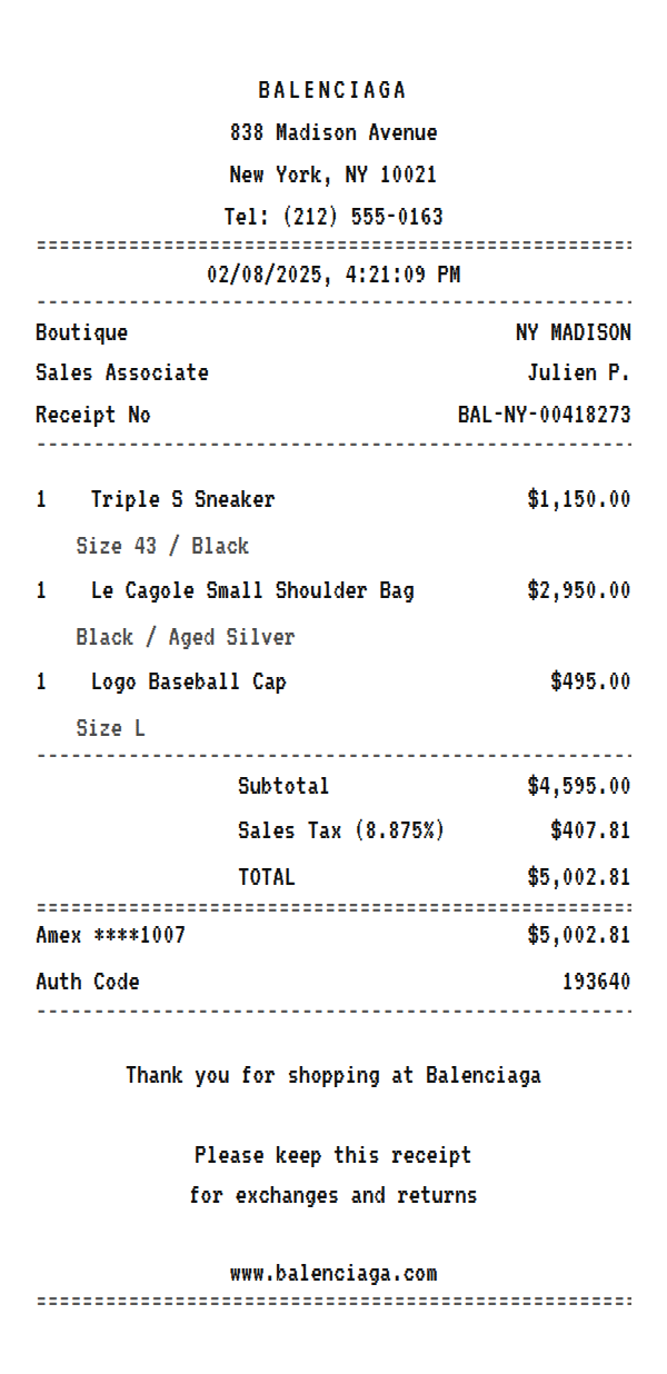 Balenciaga receipt example showing luxury fashion house line items, tax, total, and payment