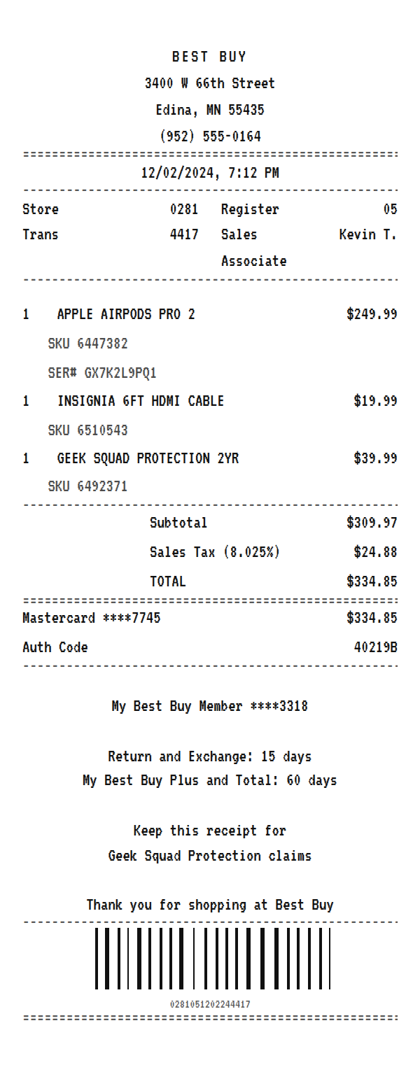 Best Buy receipt example showing consumer electronics retailer line items, tax, total, and payment