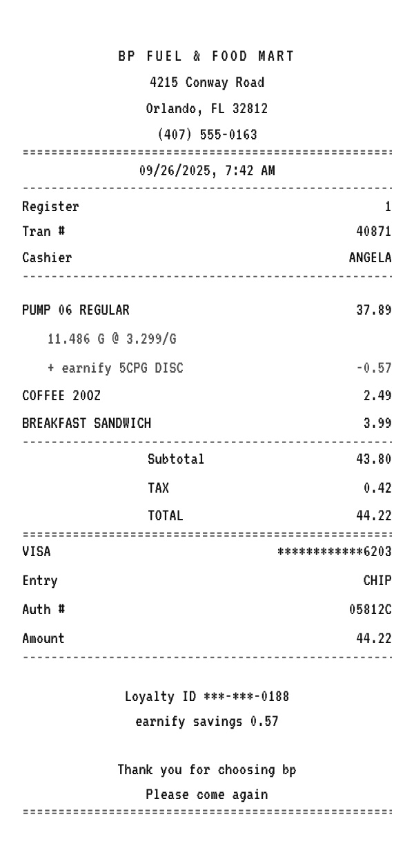 BP receipt example showing gas station and convenience store line items, tax, total, and payment