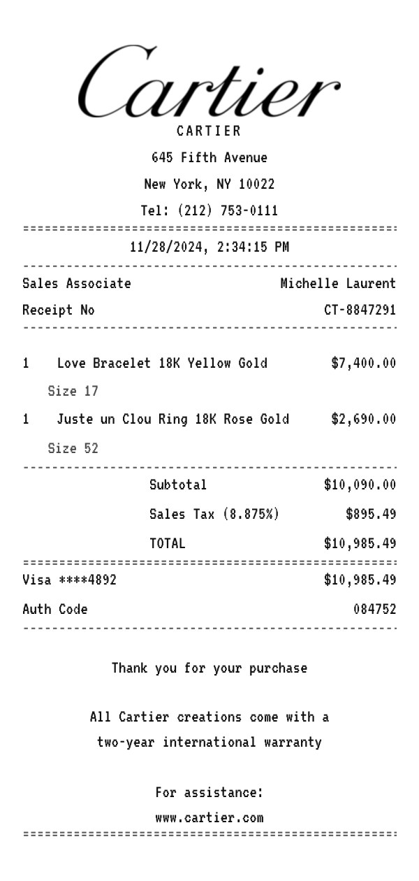 Cartier receipt example showing fine jewelry and watches line items, tax, total, and payment