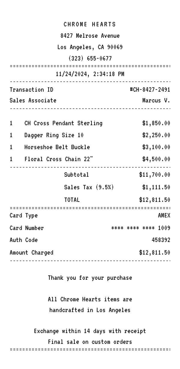Chrome Hearts receipt example showing luxury jewelry and accessories line items, tax, total, and payment