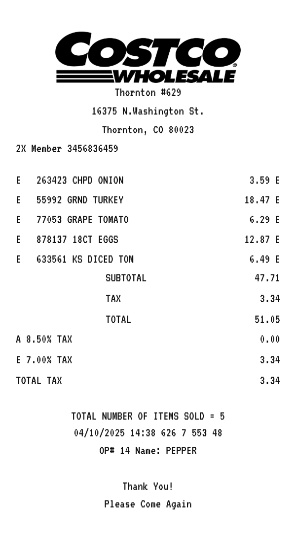 Costco receipt example showing membership warehouse club line items, tax, total, and payment