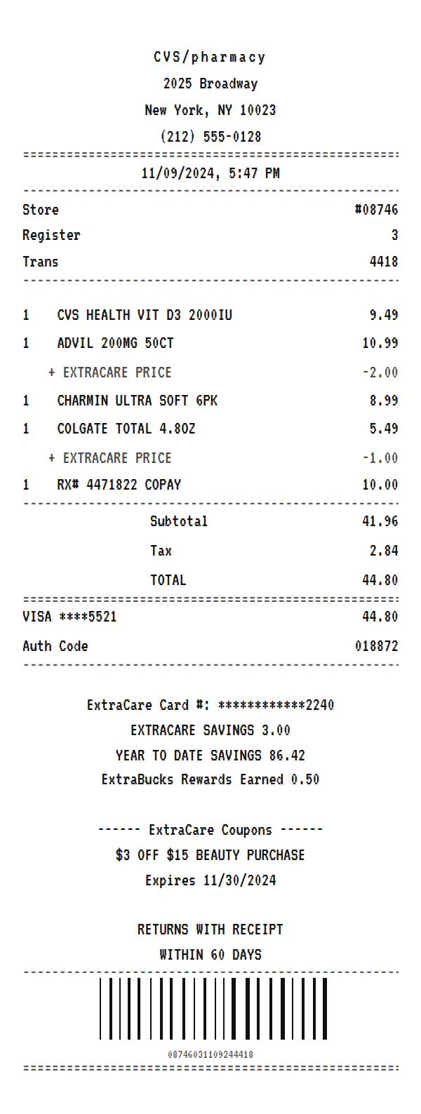 CVS Pharmacy receipt example showing pharmacy and drugstore chain line items, tax, total, and payment