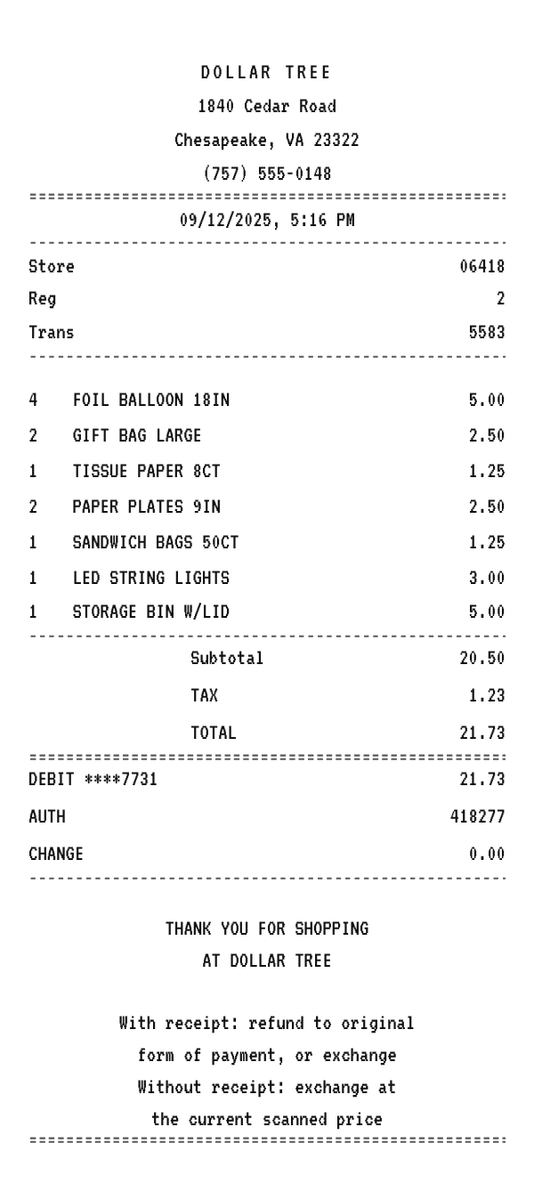 Dollar Tree receipt example showing dollar store line items, tax, total, and payment