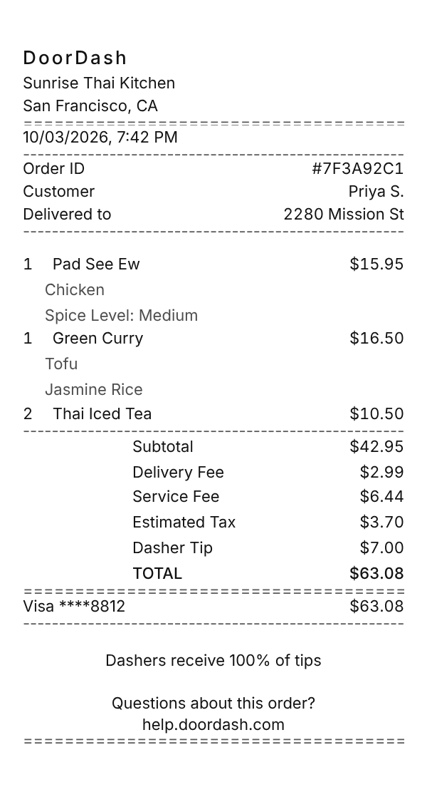 DoorDash receipt example showing food delivery app line items, tax, total, and payment