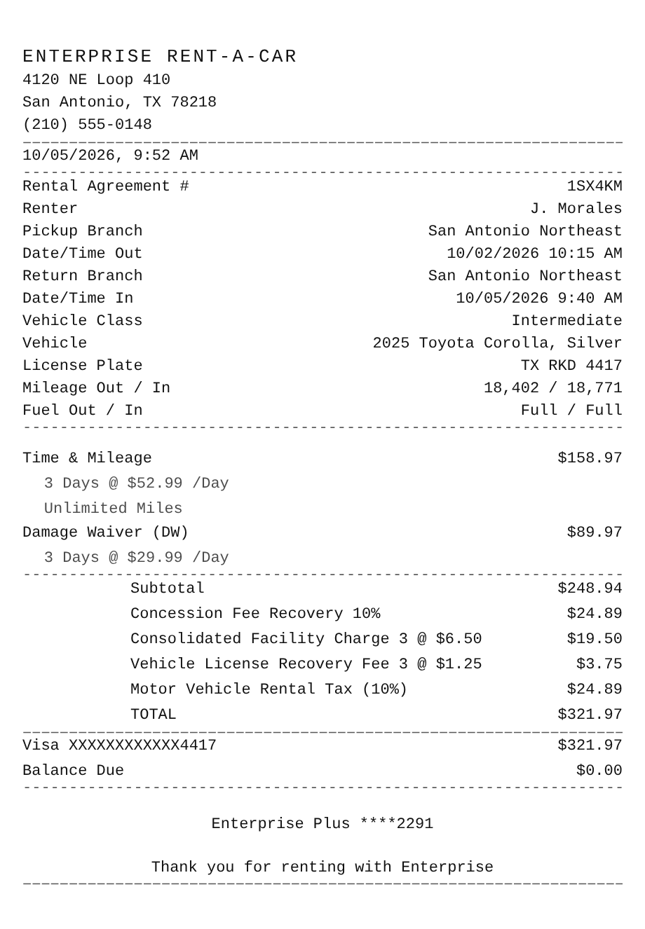 Enterprise Rent-A-Car receipt example showing car rental company line items, tax, total, and payment