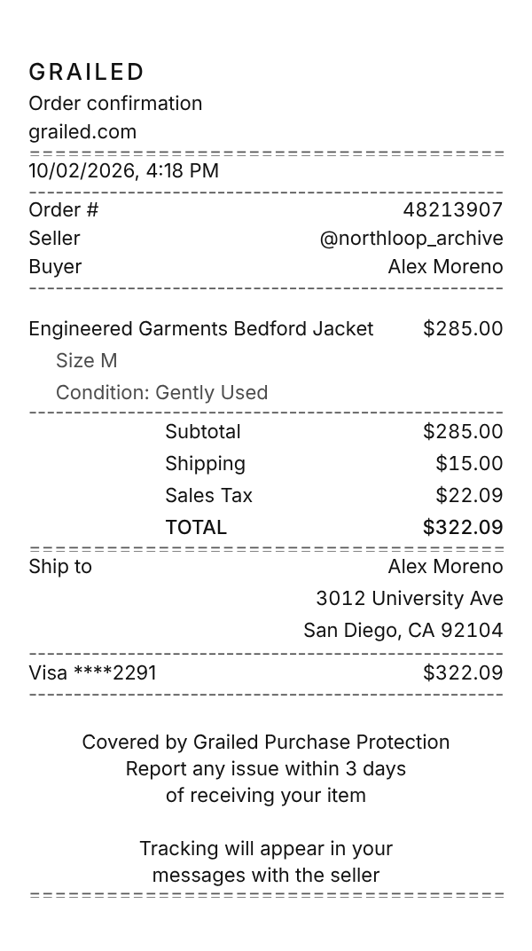 Grailed receipt example showing designer resale marketplace line items, tax, total, and payment