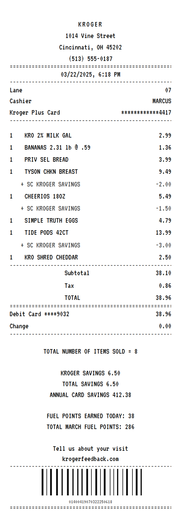 Kroger receipt example showing supermarket chain line items, tax, total, and payment
