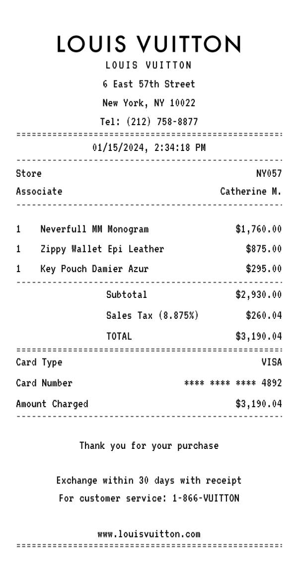 Louis Vuitton receipt example showing luxury leather goods and fashion line items, tax, total, and payment