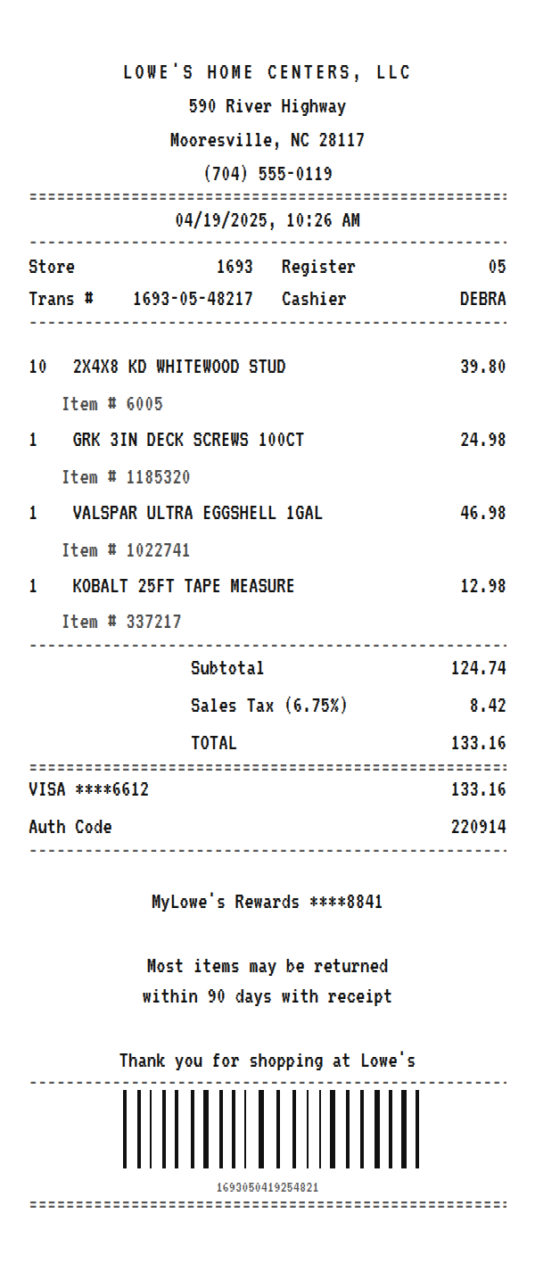 Lowe's receipt example showing home improvement store line items, tax, total, and payment