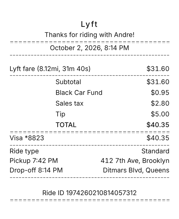 Lyft receipt example showing rideshare app line items, tax, total, and payment