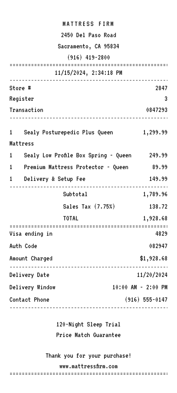 Mattress Firm receipt example showing mattress and bedding store line items, tax, total, and payment