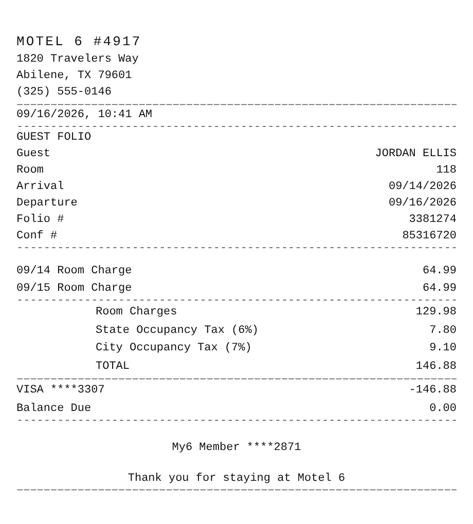 Motel 6 receipt example showing economy motel line items, tax, total, and payment