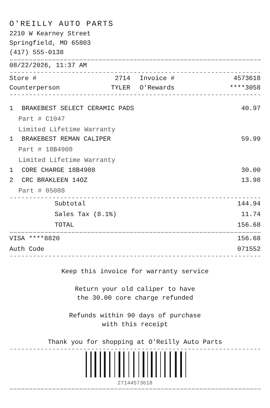O'Reilly Auto Parts receipt example showing auto parts store line items, tax, total, and payment