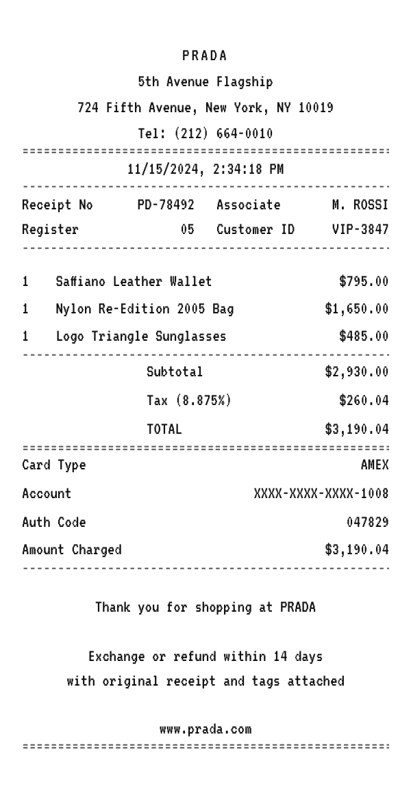 Prada receipt example showing luxury fashion boutique line items, tax, total, and payment