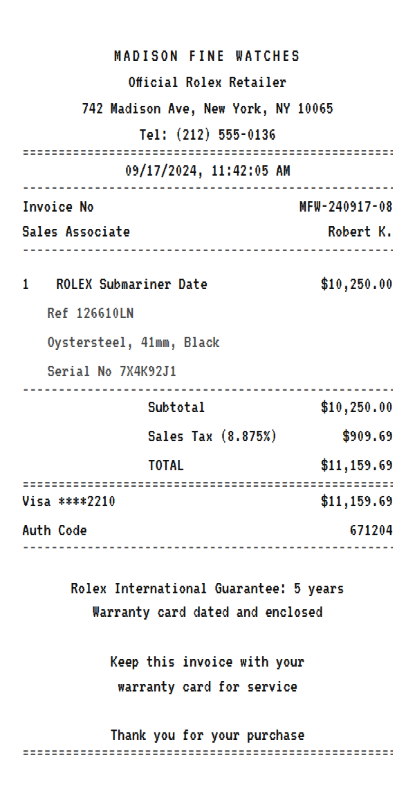 Rolex receipt example showing luxury watches, sold by authorized dealers line items, tax, total, and payment
