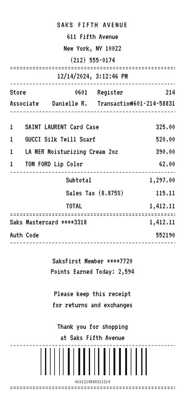 Saks Fifth Avenue receipt example showing full-price luxury department store line items, tax, total, and payment