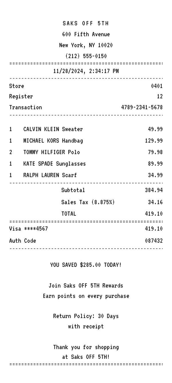 Saks OFF 5TH receipt example showing off-price designer store line items, tax, total, and payment