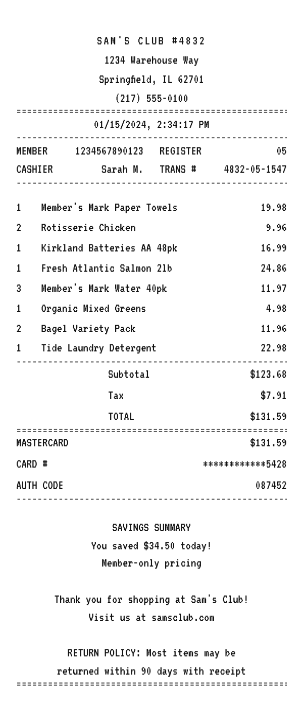 Sam's Club receipt example showing warehouse club line items, tax, total, and payment