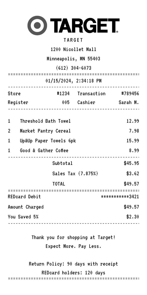 Target receipt example showing big-box general merchandise line items, tax, total, and payment