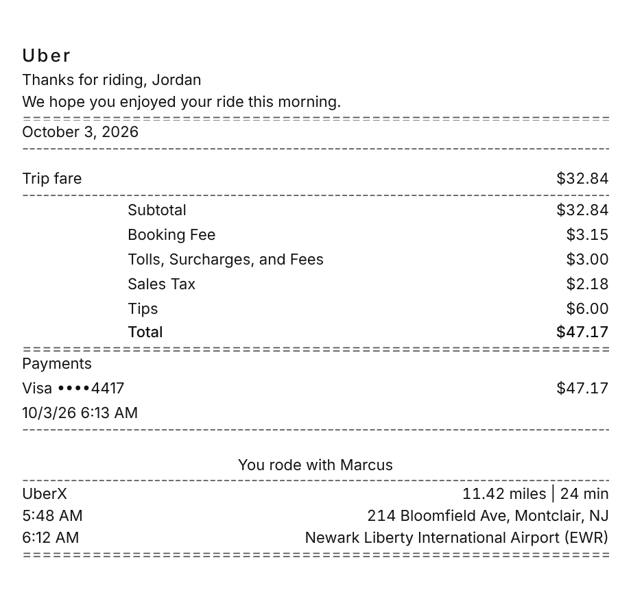 Uber receipt example showing rideshare app line items, tax, total, and payment