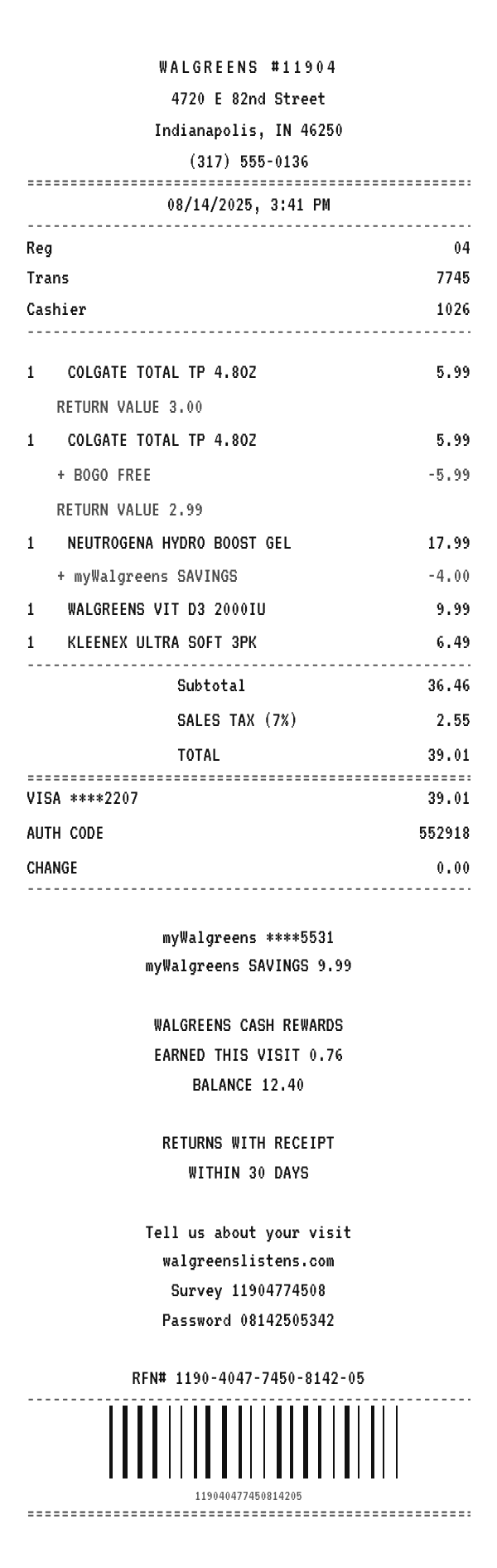Walgreens receipt example showing drugstore and pharmacy chain line items, tax, total, and payment