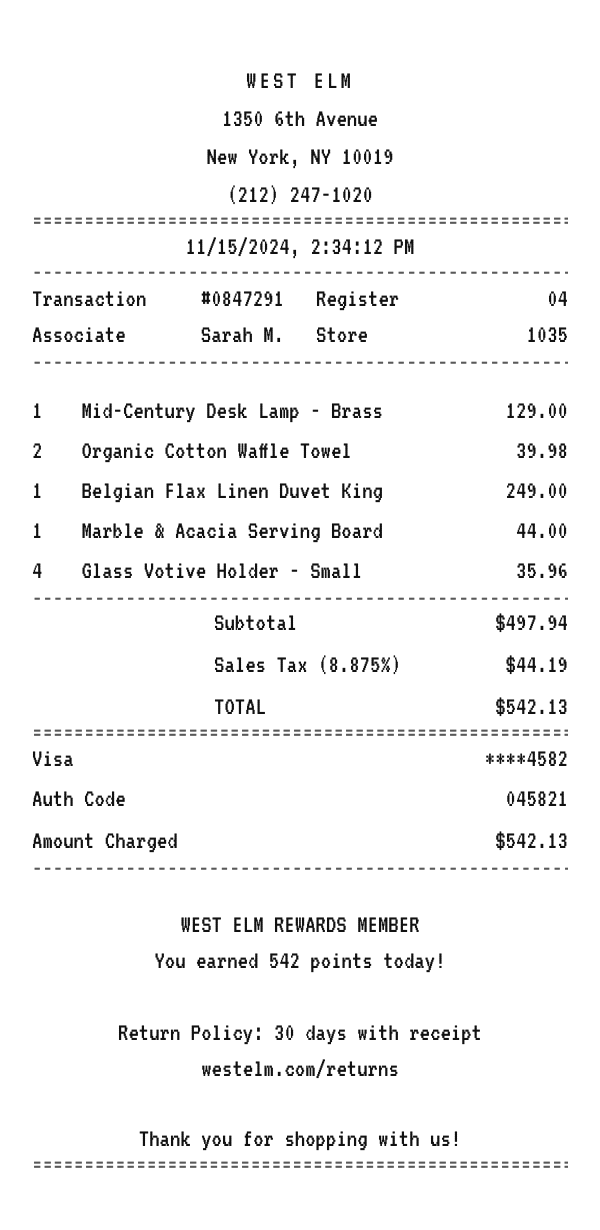 West Elm receipt example showing furniture and home decor line items, tax, total, and payment